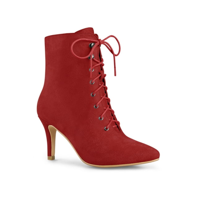 Unique Bargains Bottines à Talon Aiguille à Bout Pointu à Lacets pour Femme Rouge (Taille 7)
