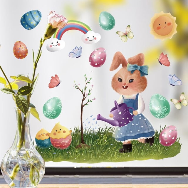 20*30cm Removable Cartoon Rabbit Easter Eggs Bunny Carrot Electrostatic Sticker Window Glass Decals Happy Easter Home Stickers3United States He Qiyong unisex