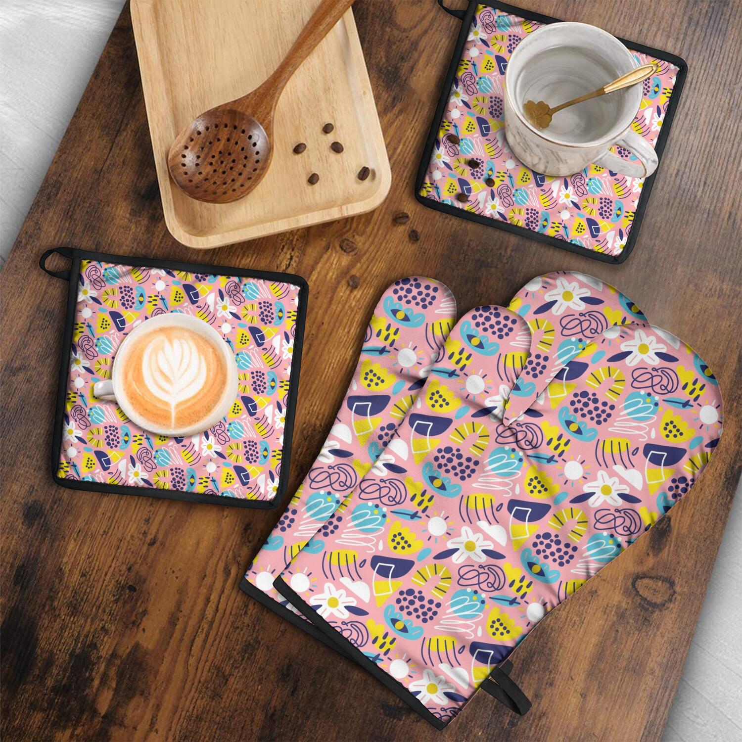 Floral Pattern Oven Mitts and Pot Holders Set Of 4, Heat Resistant Kitchen Gloves with Non-Slip Grip, Hanging Loop, Soft Cotton Lining for Baking, Cooking, Grilling, Barbecue
