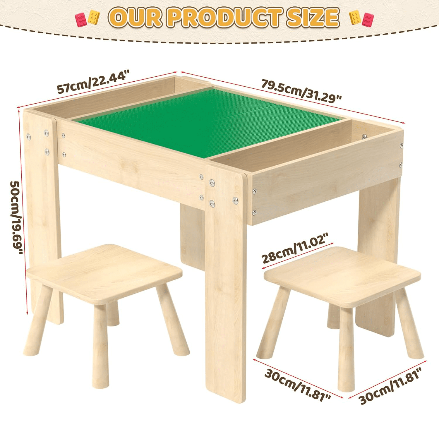 Building Blocks Table with Storage for Kids, Wooden Table Fits Legu Bricks for Toddlers Ages 3+, Kids Activity Play Desk with 2 Chairs, 31.29''X 22.44''X 19.69'' ( Table Only)