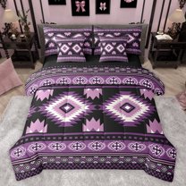 jejeloiu Vintage Boho Aztec 7-Piece Bedding Comforter Set,Geometric Rhombus Triangle King Bedding Sets,Purple Black Bed Sheets For Teens,Ultra Soft Home Decor Reversible