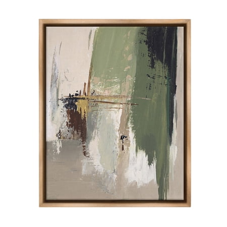 Stupell Industries Green & Tan Brush Strokes Abstract Painting Brown Floater Framed Canvas Art Print Wall Art 17 x 21