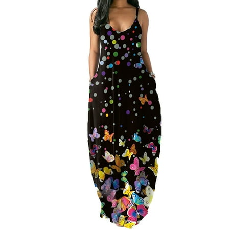 

Spaghetti Strap Dress Oversize Printed Summer Women Sling Suspender Long Skirt Ankle-length Beach V Neck Longuette M Black