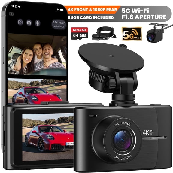 Winsing 4K 1080p Dual Dash Cam Front and Rear, 64GB SD Card, WiFi, GPS, 3’’ IPS Screen, Parking Mode, G-Sensor, Night Vision – 2 Channel Car Camera with Super Capacitor