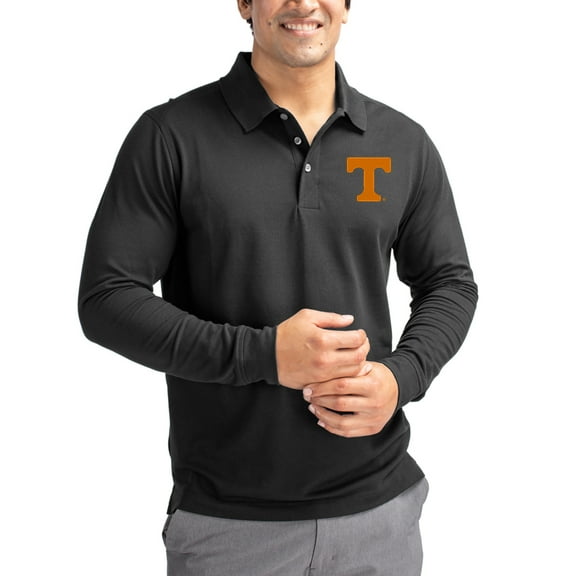 Men's Cutter & Buck Black Tennessee Volunteers Advantage Eco Tri-Blend Pique Long Sleeve Polo