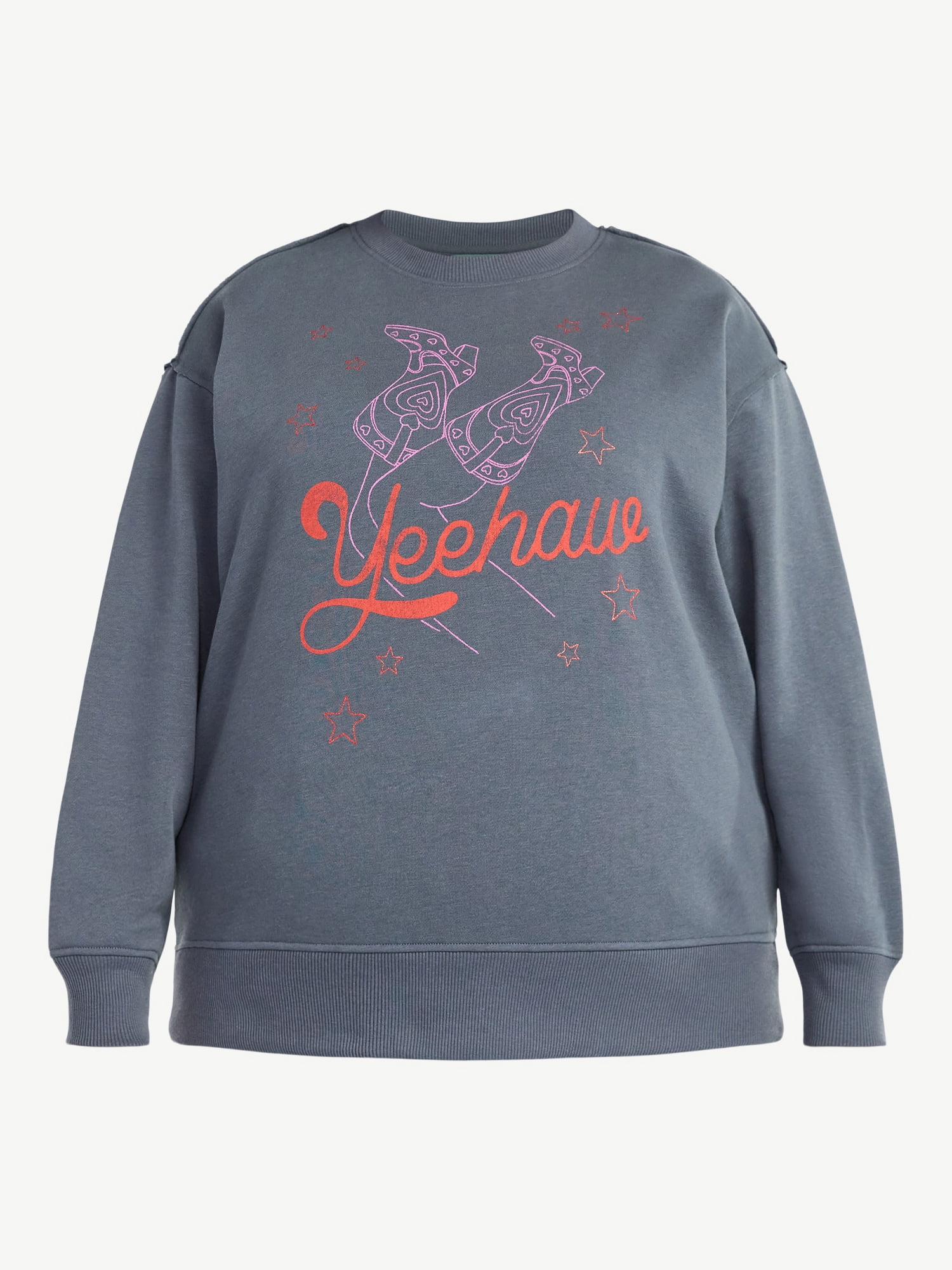 Terra & Sky Women's Plus Size Yeehaw Boots Graphic Sweatshirt with Long Sleeves, Sizes 0X-4X