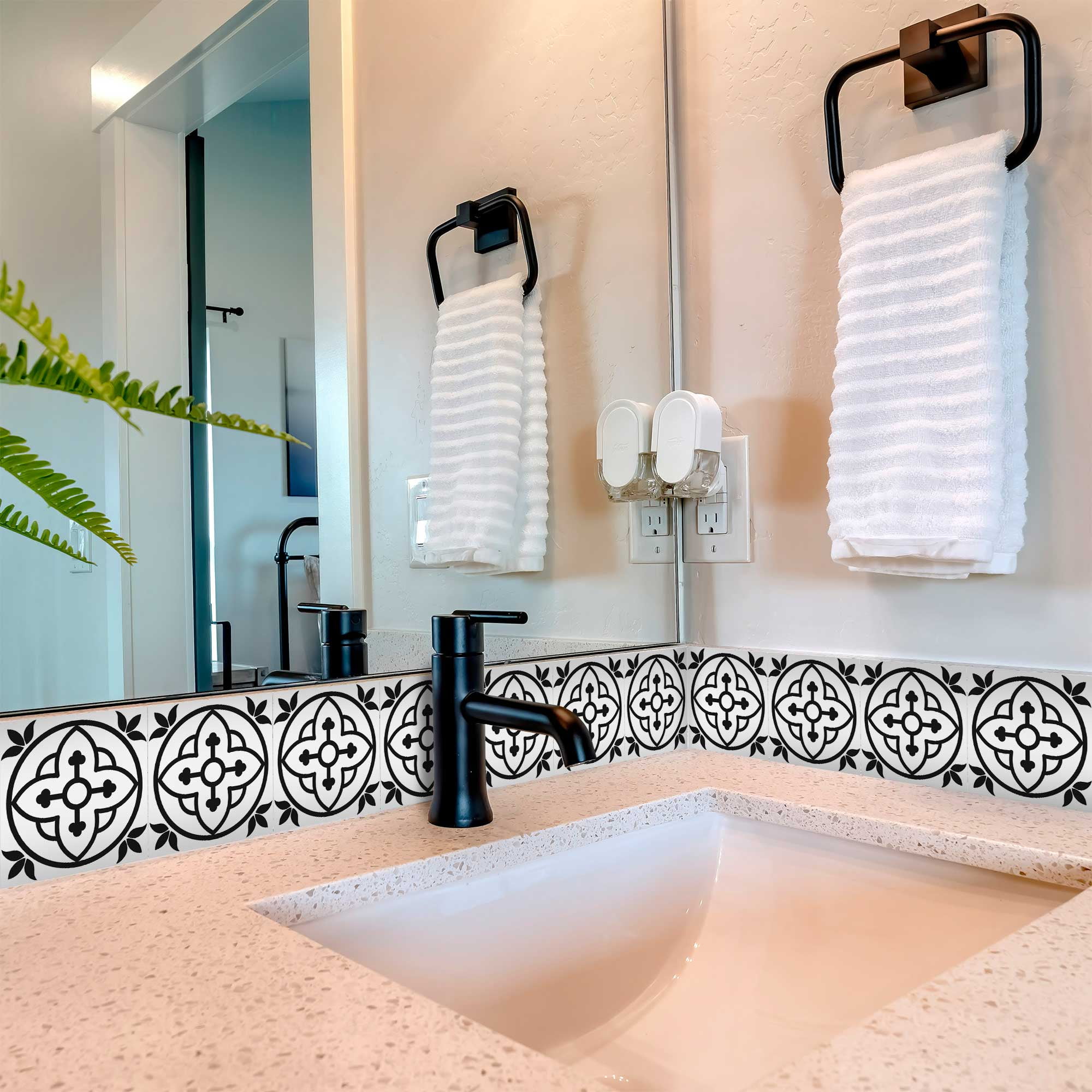 Mi Alma Black White Floral Peel & Stick Vinyl Backsplash Tiles 5x5, 24 pcs