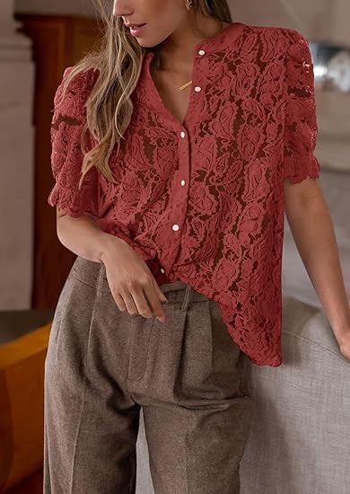 PRETTYGARDEN Womens Summer Lace Tops Short Puff Sleeve Casual Dressy Blouses Eyelet Crew Neck Buttom Down Shirts