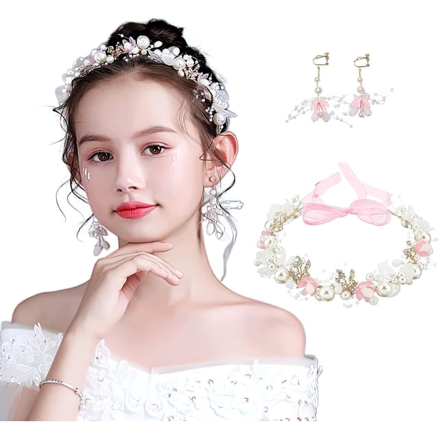 Corona de Cristal Artificial Perla Diadema con Pendientes, Tocado de Cristal Floral Accesorios para el Pelo para Novia Comunión Boda Prom Fotografía (Rosa)