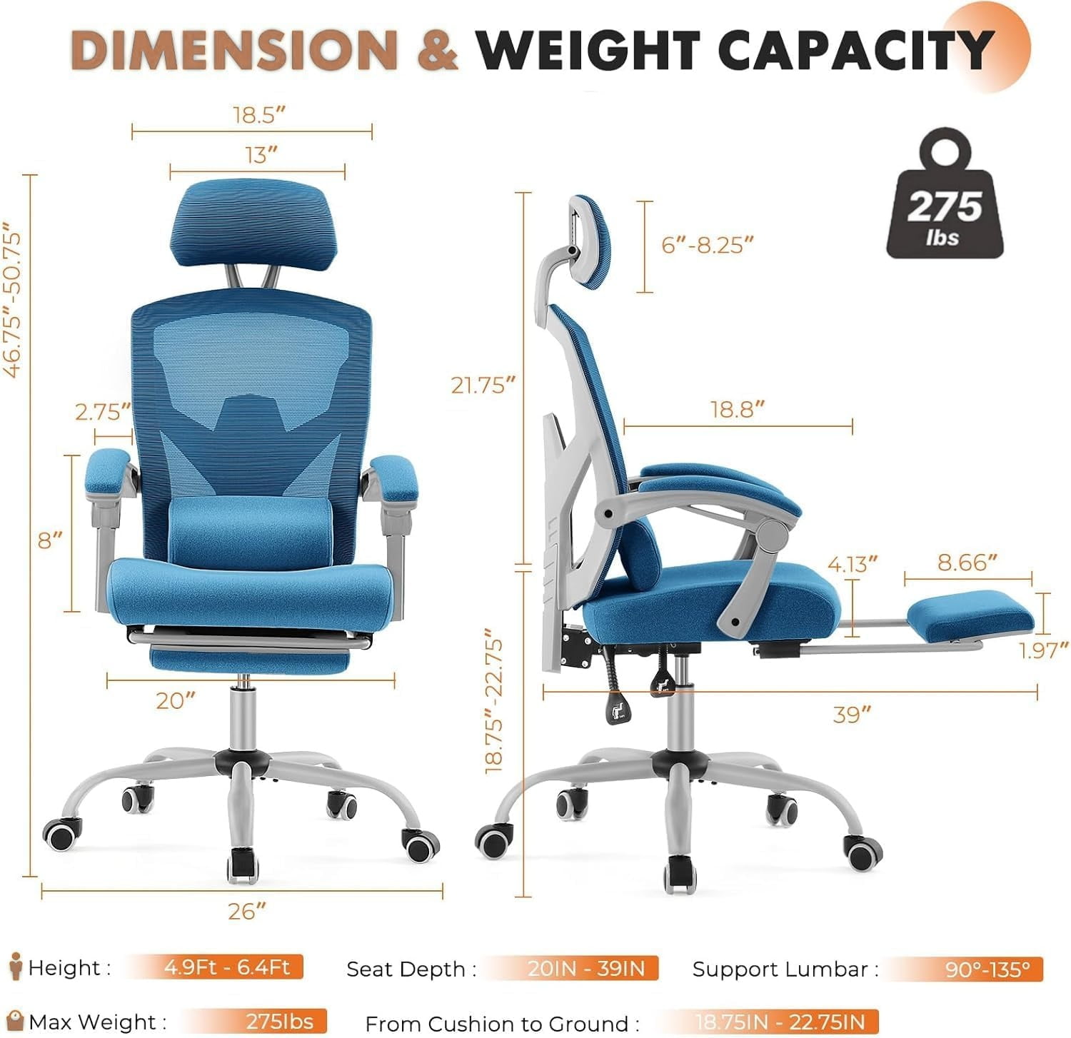 Office Computer Desk Chair, High-Back Ergonomic Mesh Swivel Chair with Lockable Recline, Adjustable Lumbar Support, Retractable Footrest & Padded Arms for Home Office, Study, and Gaming, Blue