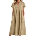 thumbnail image 3 of justHIGH Robe Midi en Coton et Lin pour Femme 2026 Été à Manches Courtes Décontractée Robes Plissées Ligne A Robe de Plage avec Poches Kaki,TTG, 3 of 7