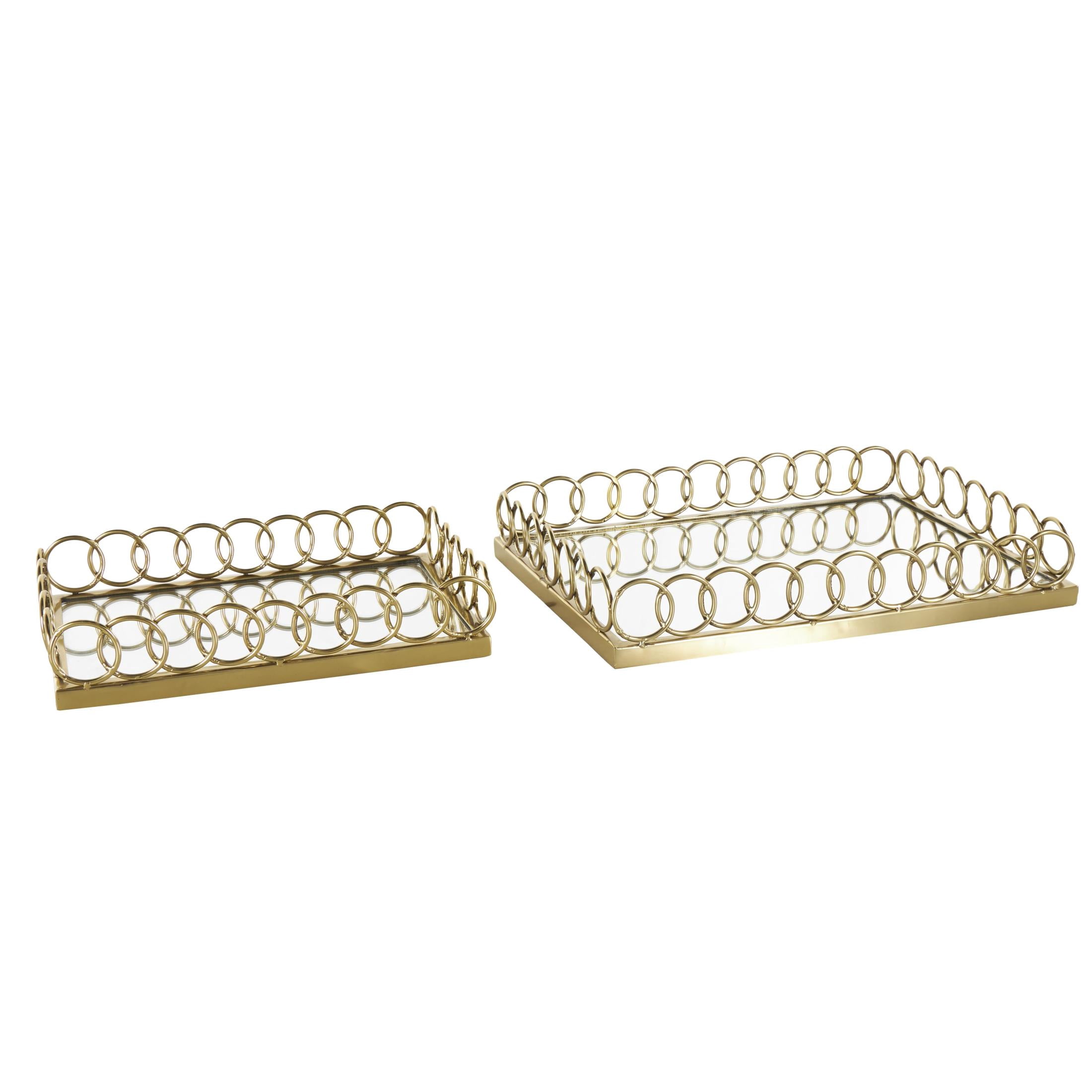 DecMode 18", 14"W Gold Stainless Steel Metal Mirrored Geometric Tray with Wire Rod Frame, 2-Pieces
