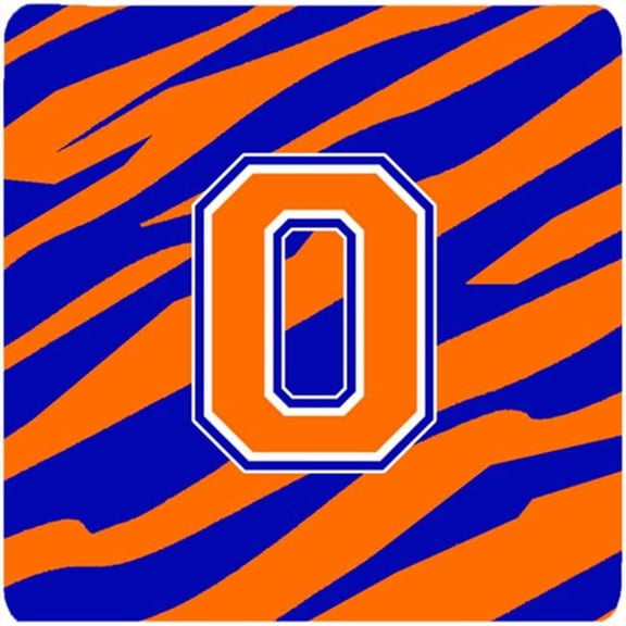 Monogram - Tiger Stripe - Blue Orange Foam Coasters, Initial Letter O - Set 4, 3.5 x 3.5 In.