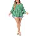 thumbnail image 2 of GRACE & GRANDEUR Blusas de mujer de talla grande con estampado de lunares, escote en V, mangas 3/4, dobladillo peplum, estilo babydoll, 3X, verde, 2 of 6