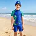 thumbnail image 2 of Rggeeun Boys Child Swimsuit Set 2Pc Cartoon Dinosaur Pattern Short Sleeve Crew Neck Front Zipper Elastic Above Knee with Cover Up Hat for Summer Pool Training Casual Beachwear,Blue,10-13 Years, 2 of 7