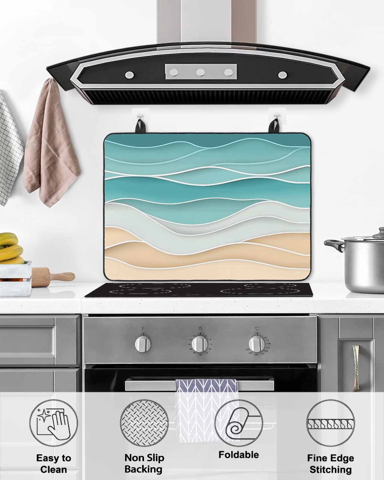 nqOlkjepod Large Induction Cooktop Protector Mat 36"x21", Turquoise Stove Top Covers for Electric Stove, Ocean Wave Stripes Modern Abstract Beach Stove Burner Cover Mats, Glass Top Stove Cover
