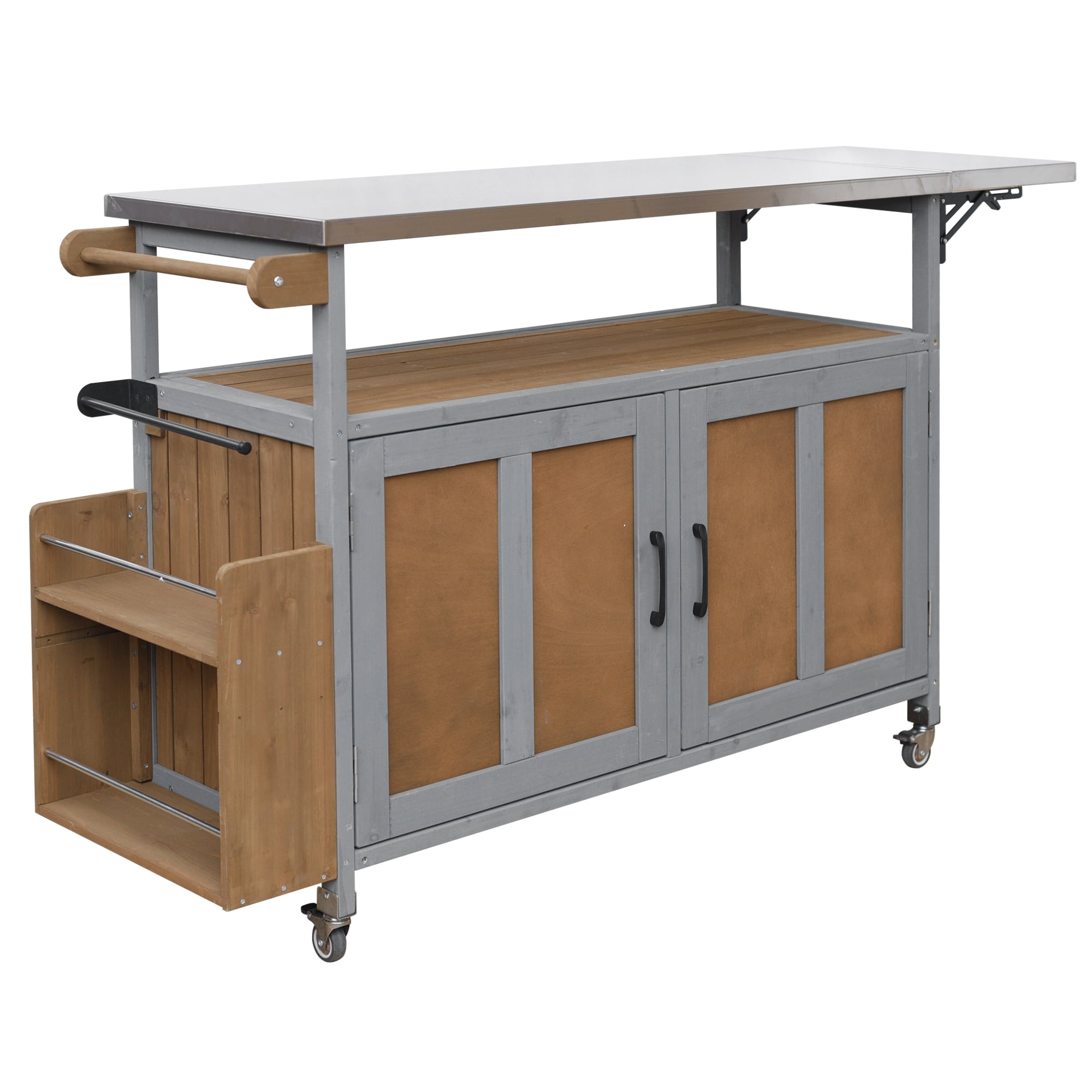 Harper & Bright Designs Outdoor Extendable Kitchen Island with Wheels, Patio Kitchen Cart with Foldable Stainless Steel Top, Portable Prep Station with Storage Cabinet, Espresso + Grey