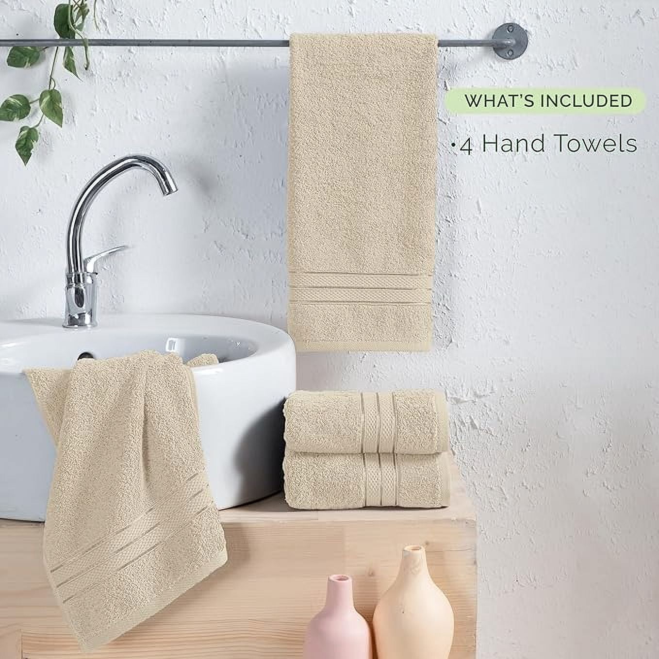 Elegant Comfort 4-Pack Hand Towels Set - Three Line Popcorn Design, Hotel Quality, 16 x 28 Inches, 100% Turkish Cotton, Soft, Quick-Drying, Highly Absorbent - Ivory