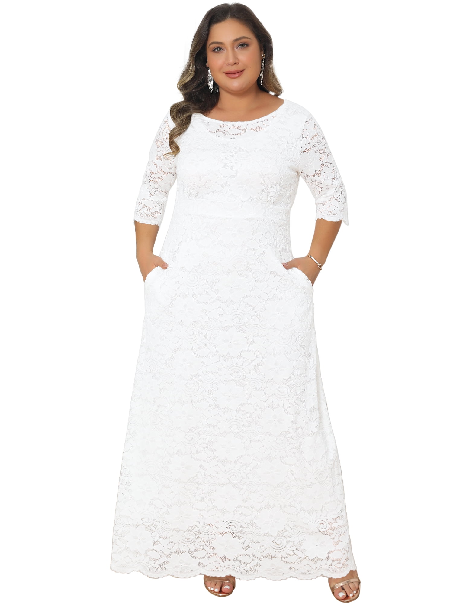 DARING DIVA Women's Plus Scoop Neck 3/4 Sleeves Floral Lace Dresses 5X White