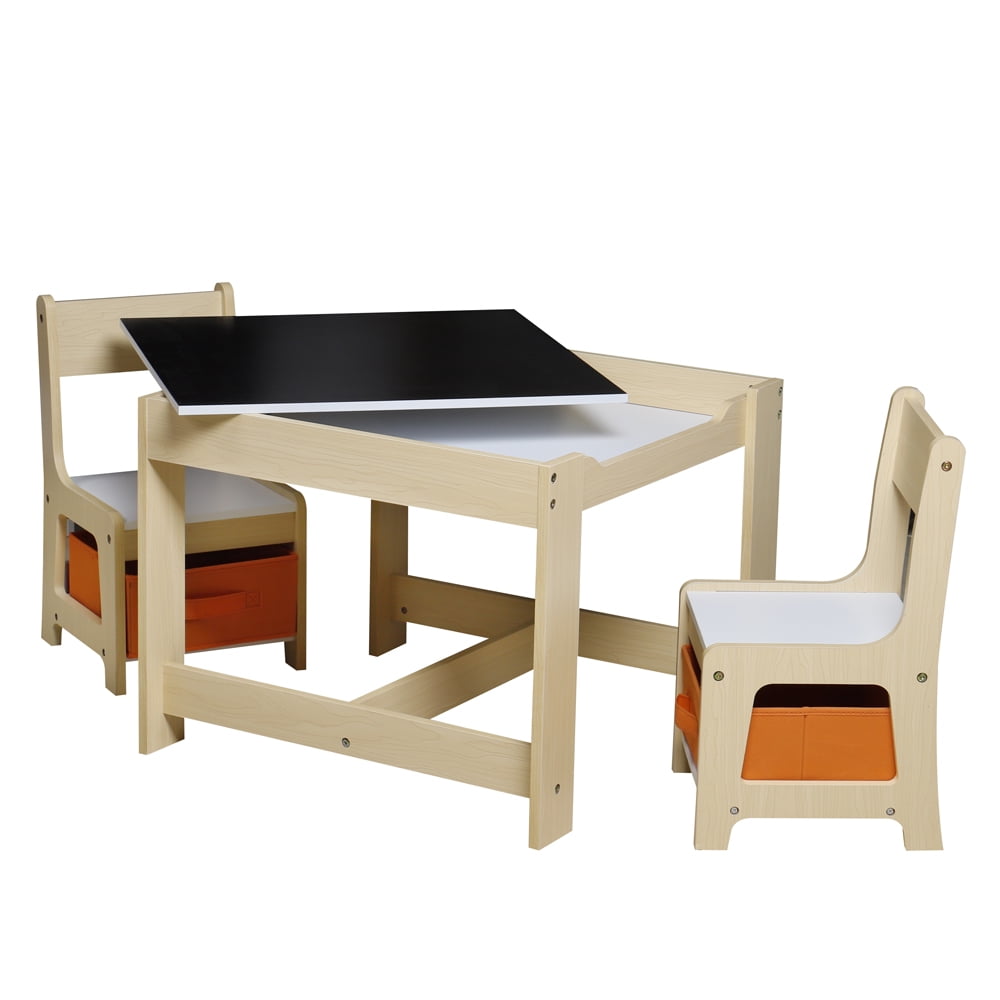 Cowiewie Kids Art Table and 2 Chair, Wooden Drawing Desk w/ Storage Drawer  for 3+ Years Old, Brown 