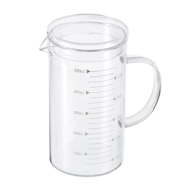 Taza medidora de vidrio Uxcell de 500 ml, vidrio borosilicato 3.3 graduado con escala impresa blanca y tapa de vidrio