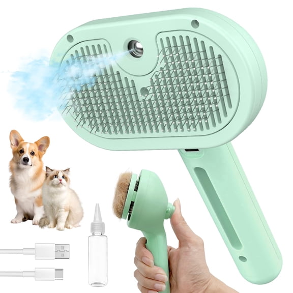 WAAYEE 3-in-1 Cat Steam Brush, Self-Cleaning Pet Brush for Long & Short Hair Dogs & Cats, Grooming Tool Removes Tangled Loose Fur, Type-C (Green)