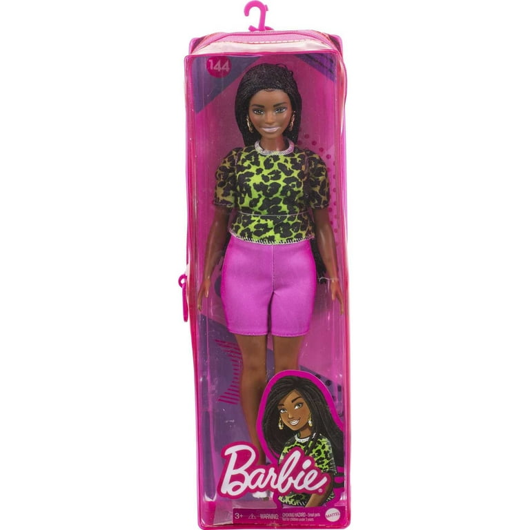 Barbie Fashionistas Doll 144 with Long Brunette Braids in Neon Animal Print Top Shorts