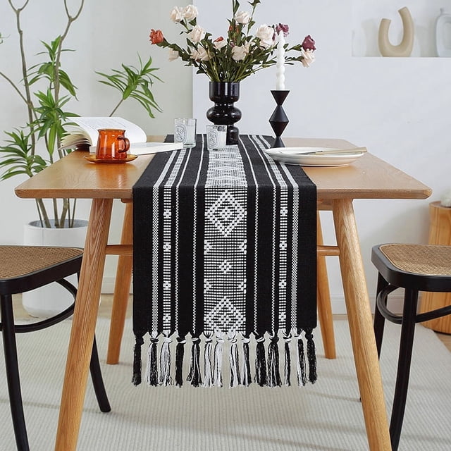 Camino de mesa de rayas con borlas tejidas a mano, moderno y sencillo, para el hogar, mesa de comedor, toalla para mueble de TV, funda para mesa de café
