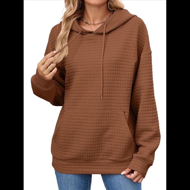 Sudadera con Capucha para Mujer, Informal, de Larga, con Cordón Ajustable, Estilo Waffle, Holgada, con Bolsillo. Marrón L