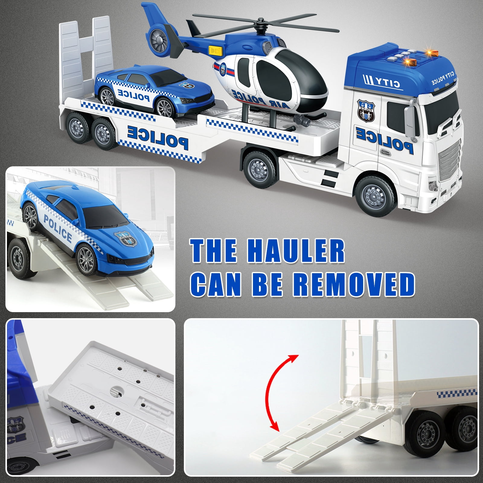 3 in 1 Large Police Truck Toy, 25" Semi Flatbed Truck Toy with Racing Car and Helicopter, Friction Powered Vehicles Toys with Lights and Sounds
