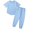 thumbnail image 4 of Ruiwill Outfit Set For Girls Size 7-8 Years Summer Short Sleeve Crew Neck Solid Color Tops With Pants Set Casual Cute Dailywear Girls Outfit Set Light Blue, 4 of 6