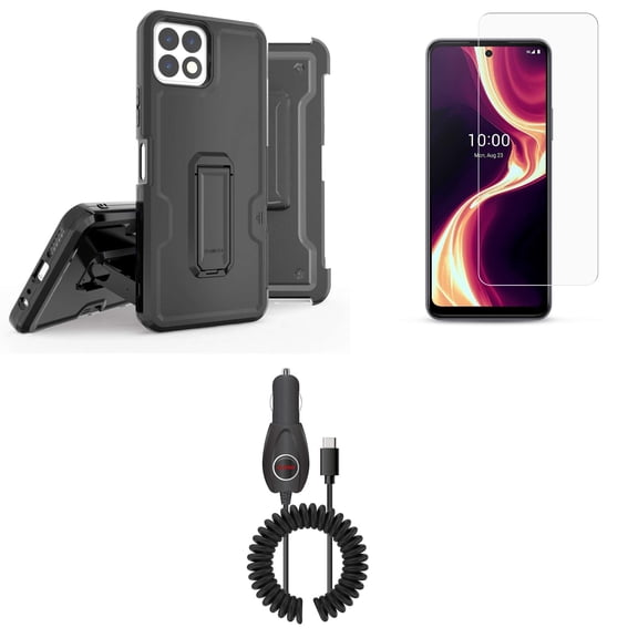 Accessories for Celero 5G  (Plus) - Belt Holster Kickstand Rugged Case (Black), Screen Protectors, 15W Fast Charging Type-C (USB-C) Power Adapter Car Charger (5.7 Foot)