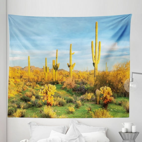 Spring Tapestry, Sun Bath in Sonoran Desert Blooming Cactus Spring Time Vegetation Scenery, Fabric Wall Hanging Decor for Bedroom Living Room Dorm, 5 Sizes, Marigold Blue Green, by Ambesonne