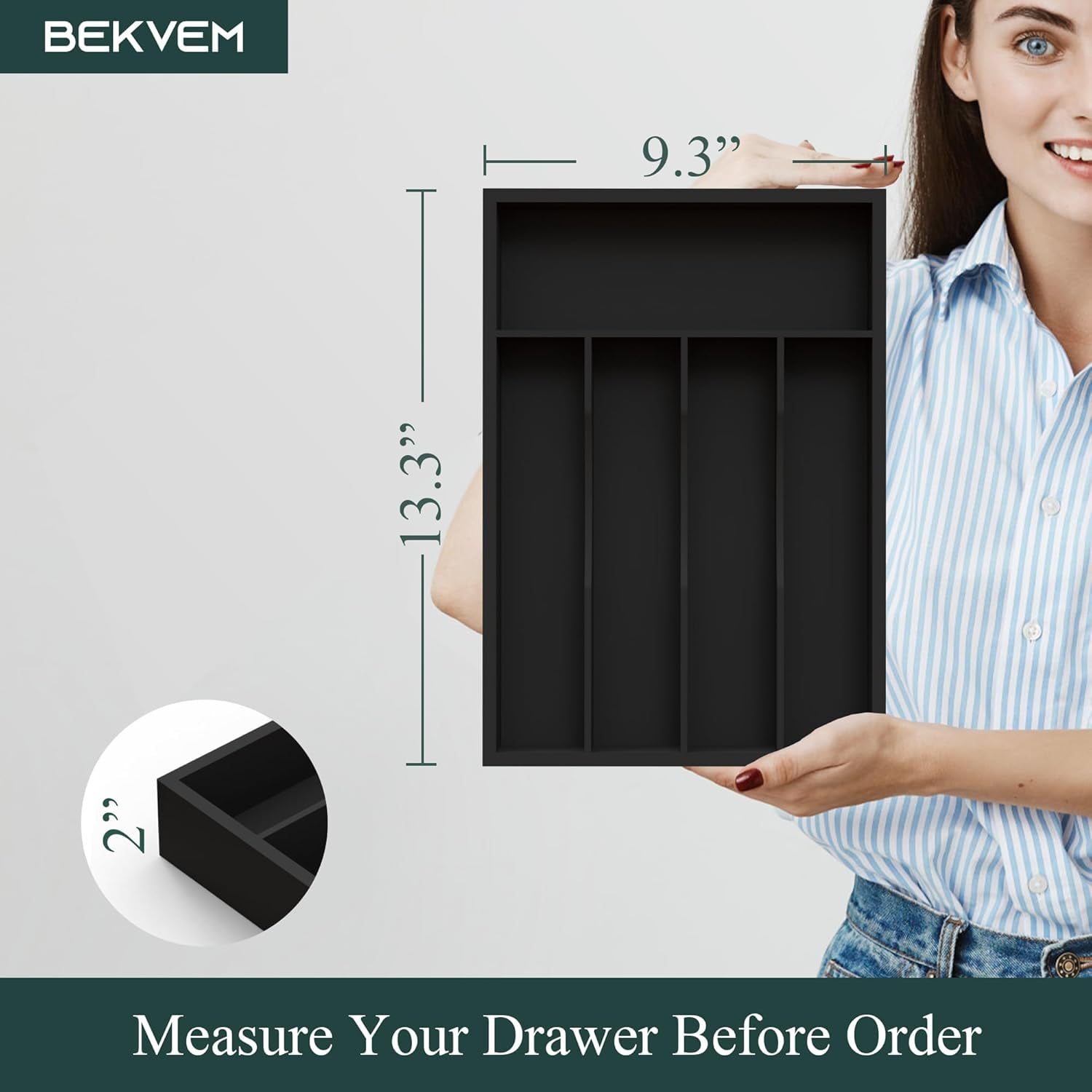UniVerse Bamboo Silverware Organizer, Kitchen Drawer Organizer, Utensil Holder, Cutlery Tray & Spoon Flatware Storage with Grooved Drawer Dividers (5 Slots, Black)