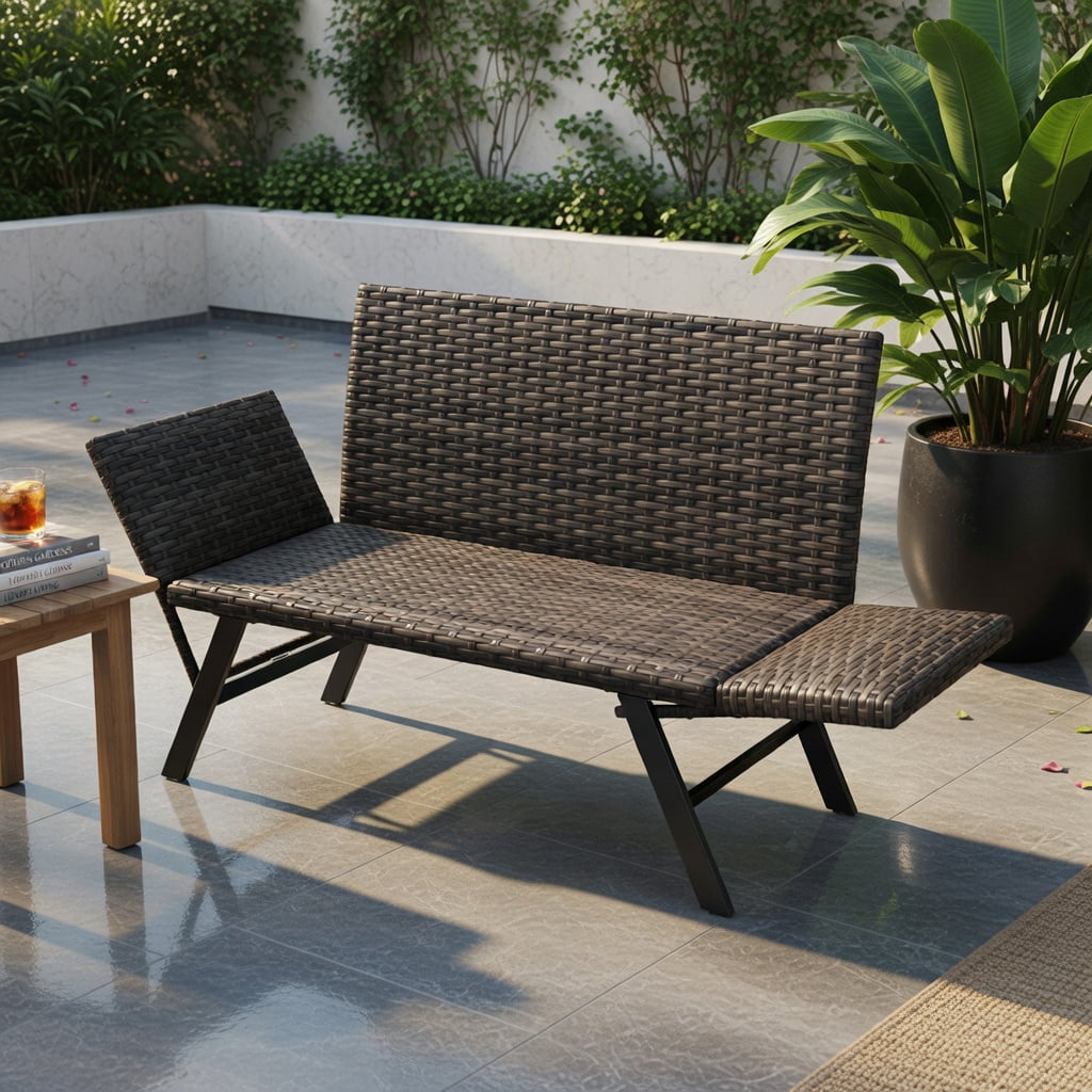 Hommoo Convertible Patio Loveseat Sofa, 2-Person Rattan Outdoor Sofa with Adjustable Armrests, Quick-Dry Foam Cushions, Heavy-Duty Metal Frame, Natural