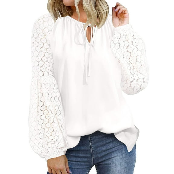 Womens Elegant Chiffon Blouse Lace-up O-Neck Lace Patchwork Sweatershirt Puff Long Sleeve Blouses Loose Fit Tops(XL,White)