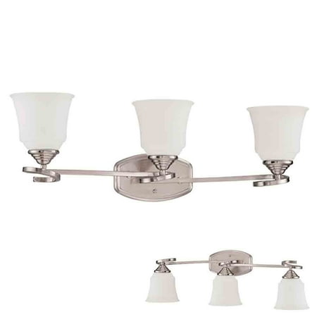 05 Three Light Wall - Satin Nickel Vanity Light 3 Bulb Bath Wall Fixture Curled Base White Glass Globes