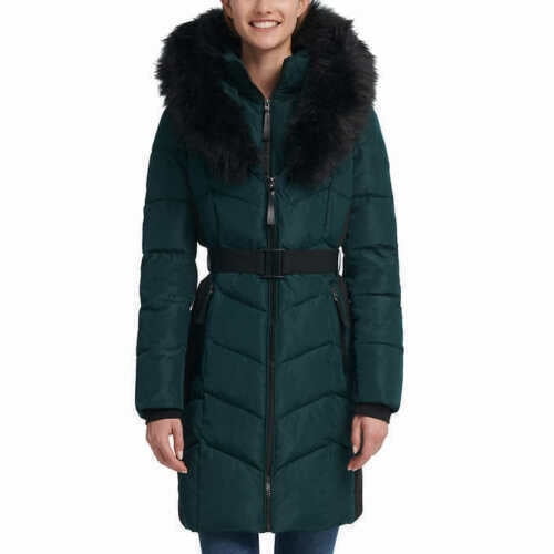 Calvin Klein Faux Fur-Trim Belted Parka Coat, Small, Emerald Green -  