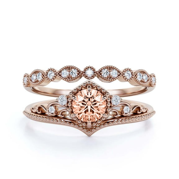 Antique Art Deco 2.00 Carat Round Cut Crown Morganite And Diamond Moissanite Engagement Ring, Wedding Ring, One Matching Band in 925 Sterling Silver With 18k Rose Gold Plating, Promise Ring