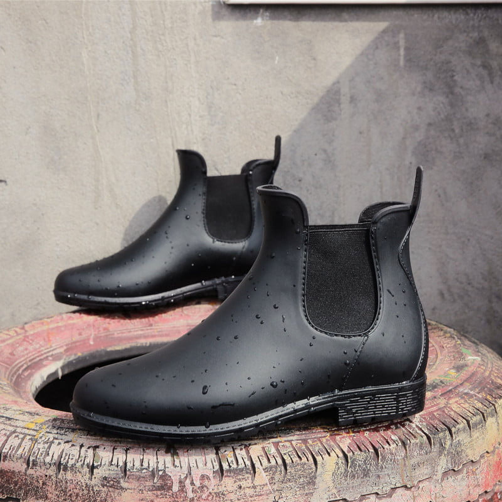 Wehilion Outdoor Women's Short Rain Boots Waterproof Anti Slip Rubber Ankle Chelsea Booties Rainboots for Women, Black, Size 10