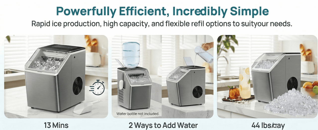 Stainless Steel Countertop Ice Maker, 44Lbs/Day High Efficiency, Dual Water Filling Options, One-Click Auto Self-Cleaning, Portable Ice Machine for Home, Office, Bar & Party