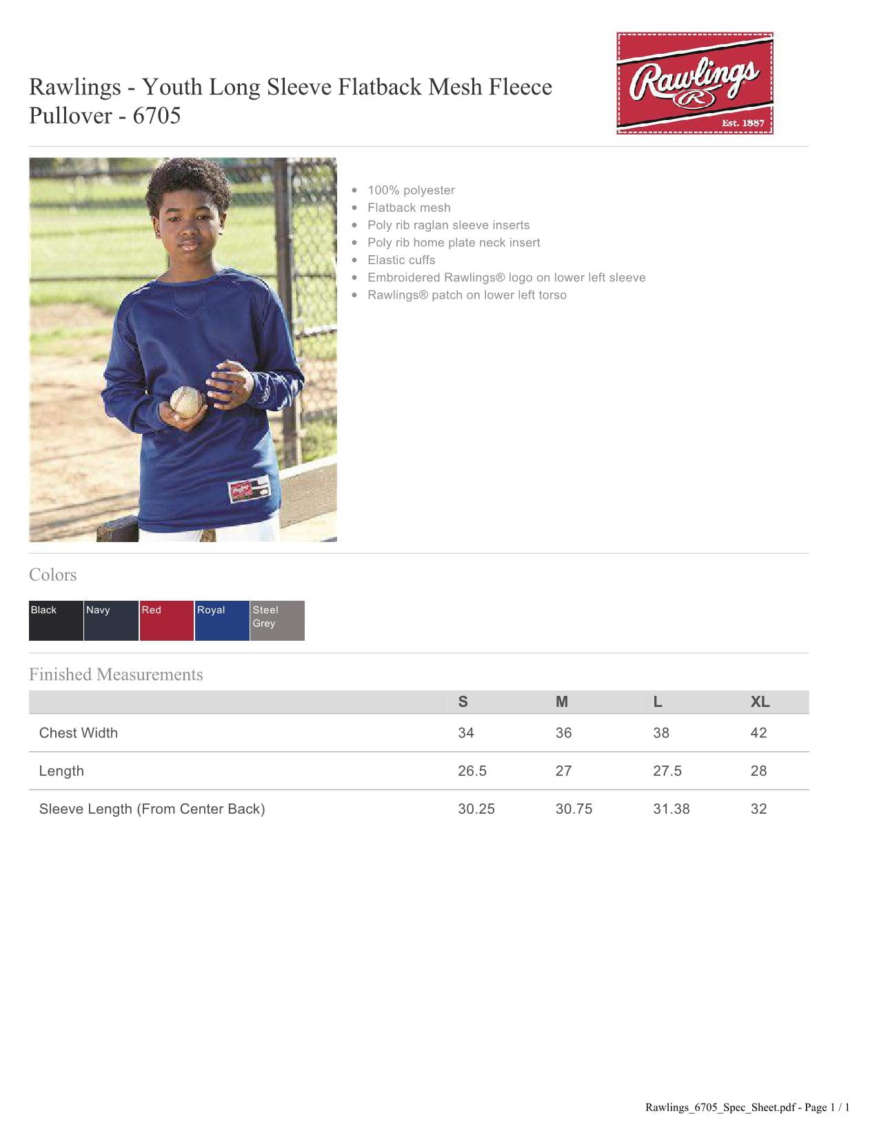 Rawlings Kids Boys Shirts Youth Long Sleeve Flatback Mesh Fleece Pullover 6705
