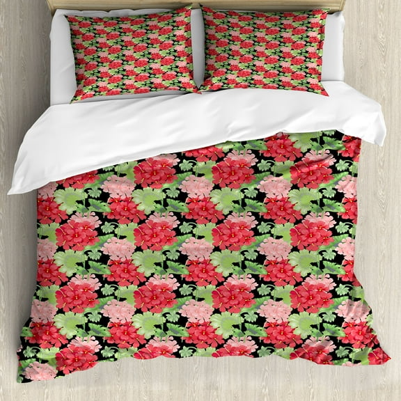 Geraniums Duvet Cover Set, Hand Drawing Victorian Style Flowers with Branches and Leaves Print, Decorative 3 Piece Bedding Set with 2 Pillow Shams, Calking Size, Black and Multicolor, by Ambesonne