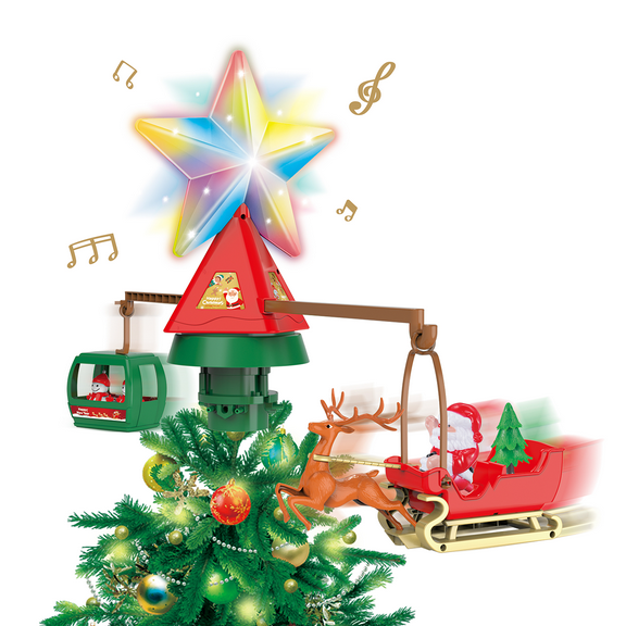 Gyugmhao Christmas Tree Topper Lighted,Deer and sled Rotating Light and Music Tree top Decoration,Lighted Star Christmas Tree Topper for Christmas Party Holiday Decoration