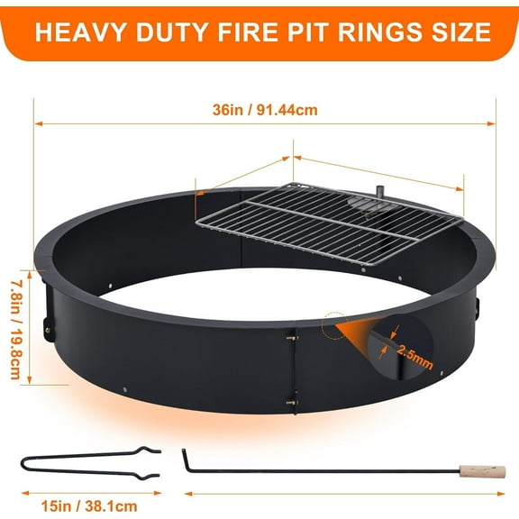 Acekid 36x36x7.8-Inch Smokeless Fire Pit Ring Insert, Heavy Duty Round Wood Burning Outdoor Fireplaces with Stainless Steel BBQ Mesh and Hook, Black