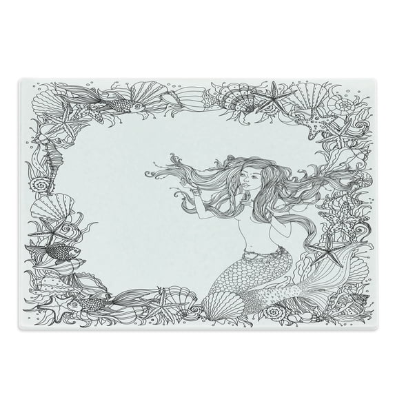 Mermaid Cutting Board, Mermaid in Seashells Starfish Coral Reef Frame Culture Myth Art, Decorative Tempered Glass Cutting and Serving Board, Large Size, Grey White, by Ambesonne