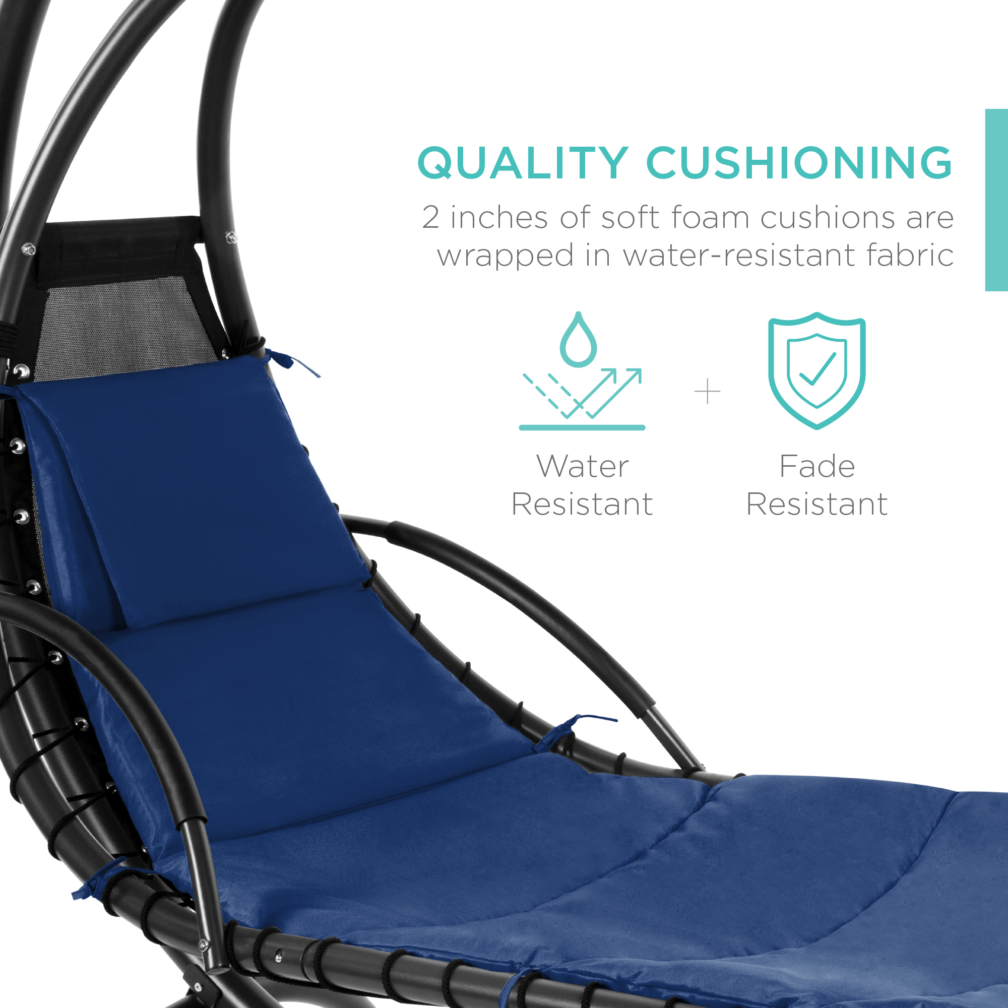 Best Choice Products Hanging Curved Chaise Lounge Chair Swing for Backyard, Patio w/ Pillow, Shade, Stand - Navy Blue - image 5 of 8