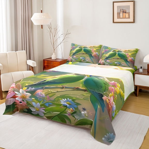 Feelyou Kawaii Green Parrot Full Size Sheets, Spring Daisy Flower Floral Bed Sheets, 3D Jungle Bird Sheet Sets, Luxury Bedroom Decor, 4pcs