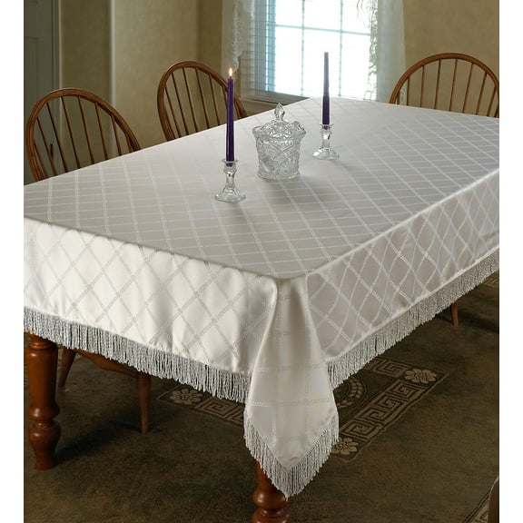Diamond Damask Design Fringes Tablecloth White 60" by 84" Oblong / Rectangle