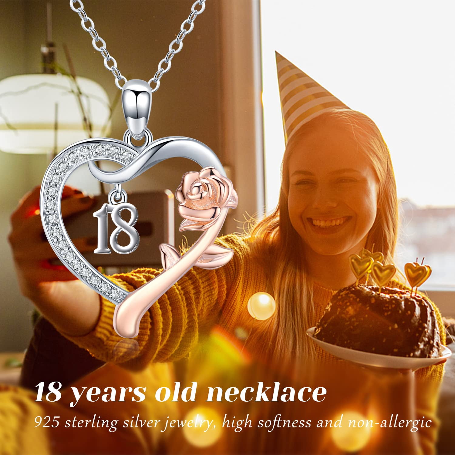 Coachuhhar 18 Year Old Birthday Gifts 925 Sterling Silver Love Heart Rose Flower Pendant Necklace 18th Jewelry Christmas Gifts for Women Girlfriend Sister